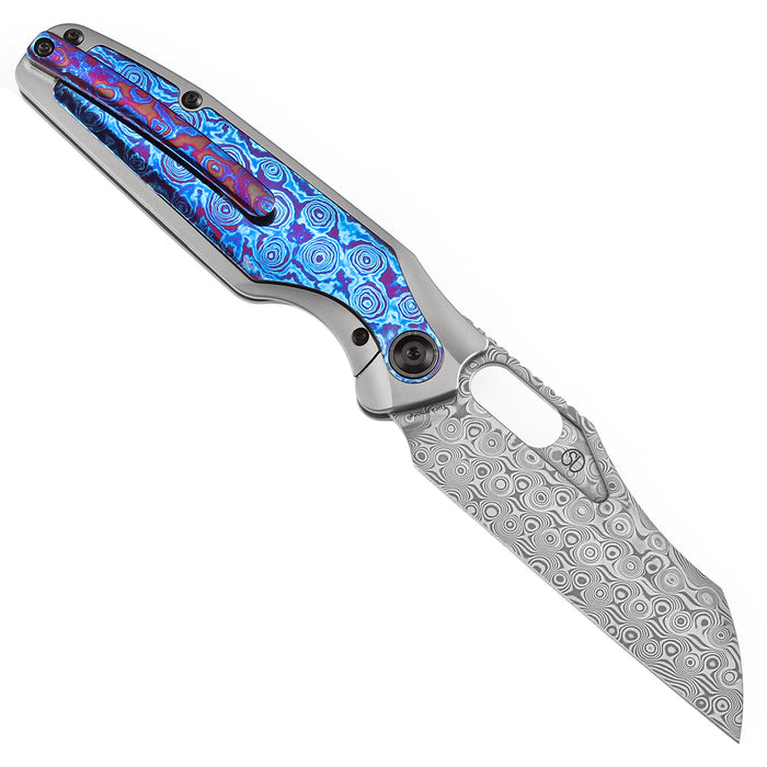 KANSEPT Tuckamore Thumb Hole Knife Titanium and Timascus Handle (3.54" Damascus Blade) with Timascus Clip -K1052A7