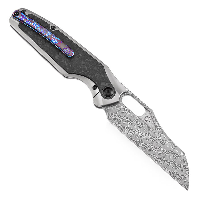 KANSEPT Tuckamore Thumb Hole Knife Titanium and Shred Carbon Fiber Brown Micarta Handle (3.54" Damascus Blade) with Timascus Clip -K1052A5