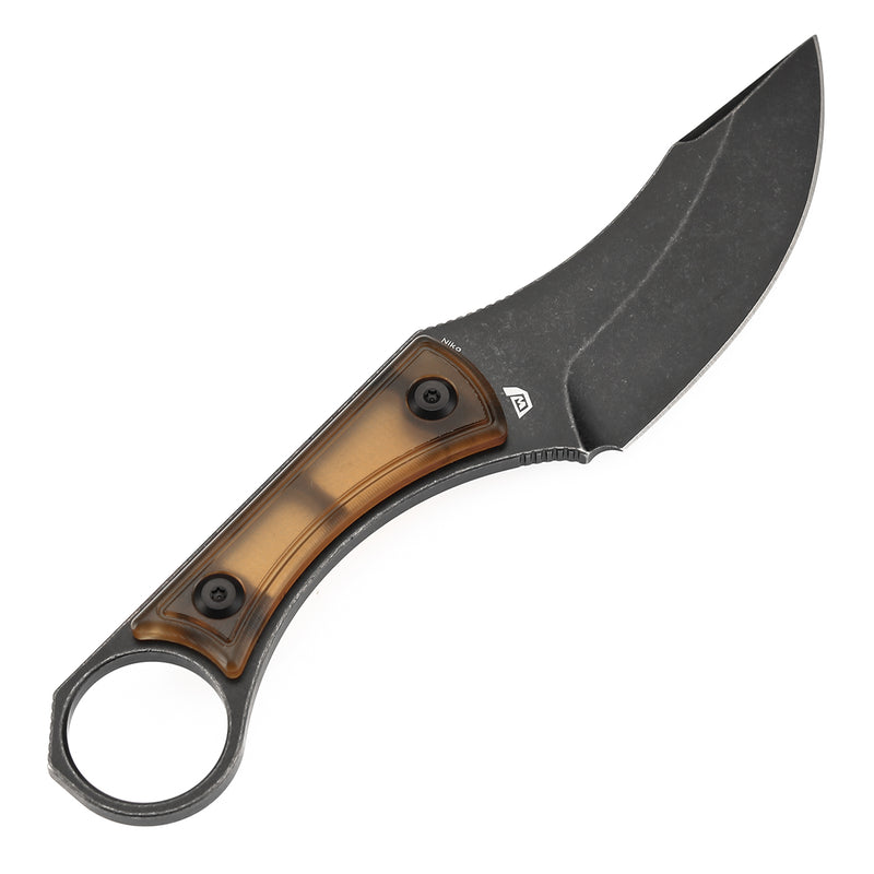KANSEPT Niko Fixed Knife Amber PEI Handle (3.54'' Blackwash D2 Blade ) with Sheath Marco Knives Design -G004A11