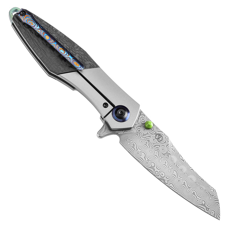 KANSEPT Thumb Stub Mistaken Beadblasted Titanium and Twill Carbon Fiber  (3.15" Damascus) Jonathan Styles Design- K1053D1