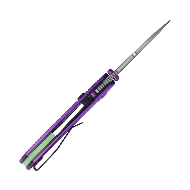 Link | Top Liner Lock | Purple Aluminum with Milled Grooves | 2.98" Damascus | Triple Stripe Knives | T1068H2