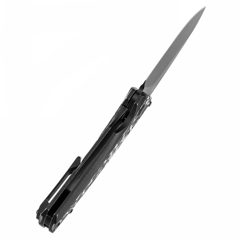 KANSEPT Thumb Stub Raven Blackwash Titanium, Black and White Nebula Carbon Fiber(3.13" CPM 20CV Blade) with Black Bird Blades Design-K2109A1