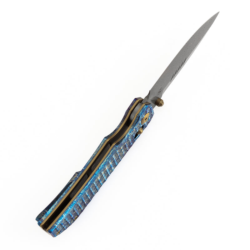 KANSEPT Eaglestrike Crossbar Lock Knife Lightning Strike Finish Titanium with Diamond Pattern Handle(3.73'' Damascus Blade) James Lowe Design-K1095V5