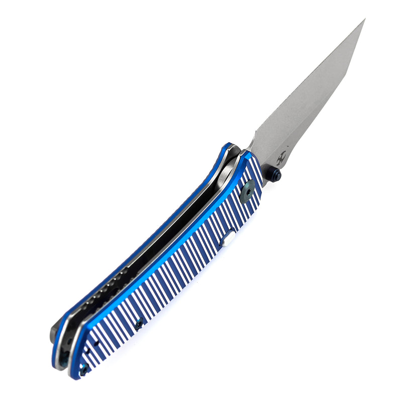 Kansept Main Street | Top Liner Lock | Blue and Plain Aluminum with Stripes | 3.36" Elmax Blade | Pinkerton Knives Design |K1015H3
