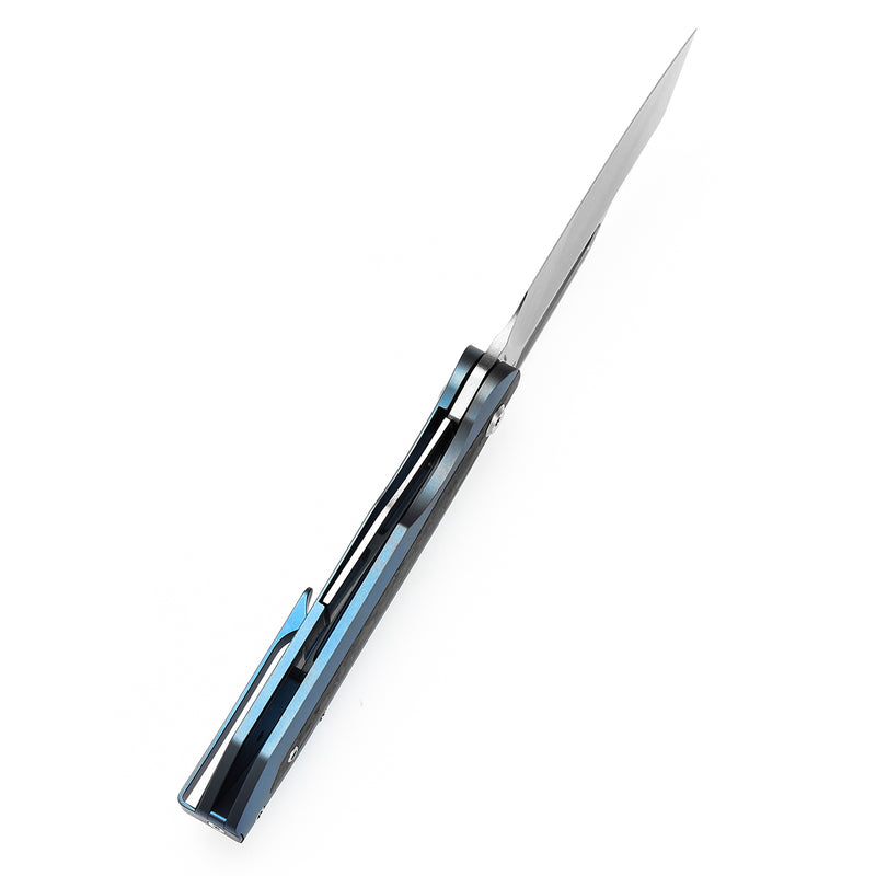 KANSEPT Thunderhead Thumb Hole Blue Titanium with Shred Carbon Fiber Inlay Handle (3.58" CPM S35VN Blade) with K.C. Spiron Design-K1106A3