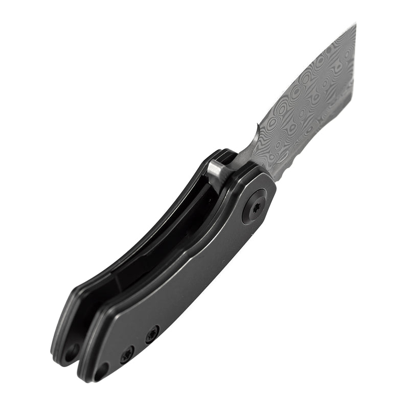 KANSEPT Mini Korvid Flipper knife Blackwash Titanium Handle (1.45'' Damascus Blade ) Koch Tools Design-K3030H1