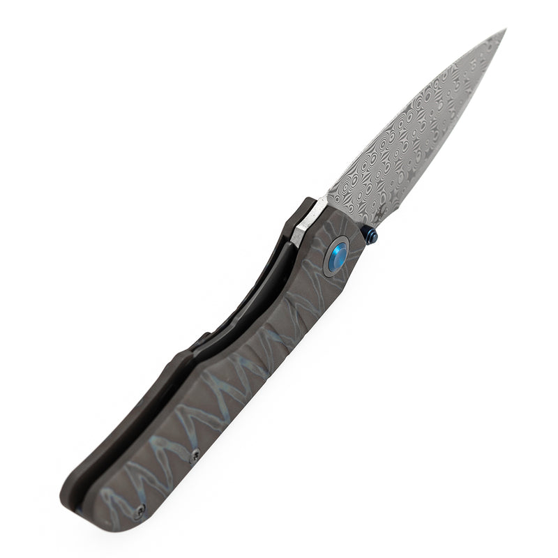 Kansept Mini Lanza | Thumb Stud | Titanium with Tiger Strip Finish | 3.31" Damascus Blade | Brandon Corbin Designed | K1116A4