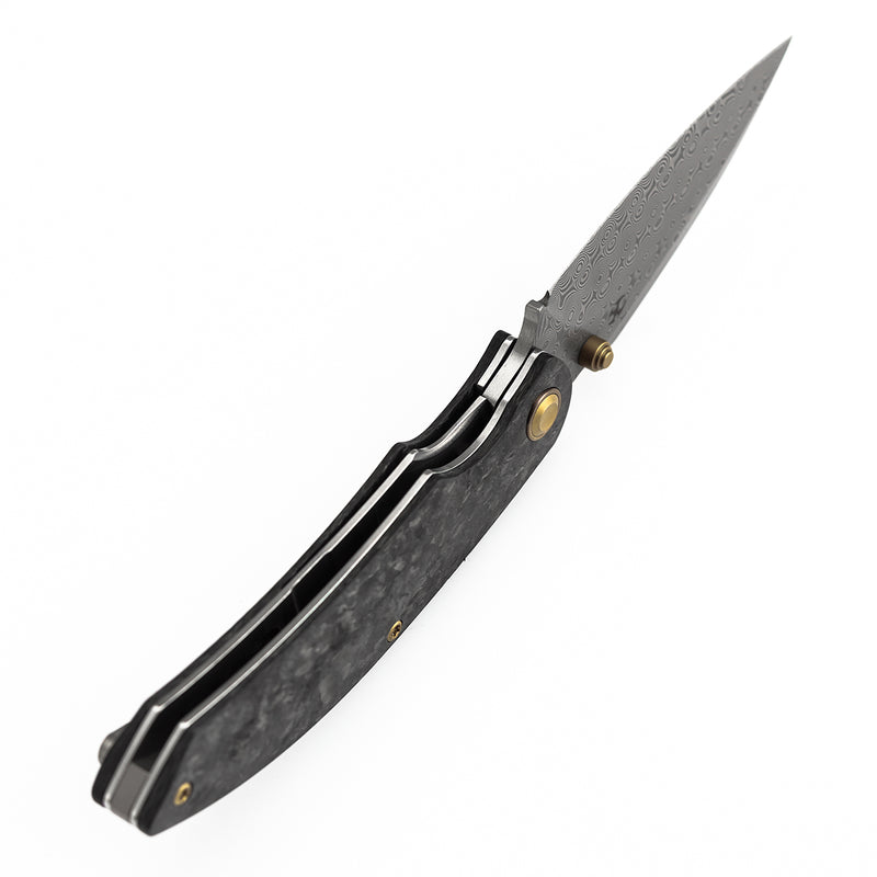 Kansept Falk | Thumb Stud | Shred Carbon Fiber | 3.31" Damascus Blade | Cédric Destombes Designed | K1142A1