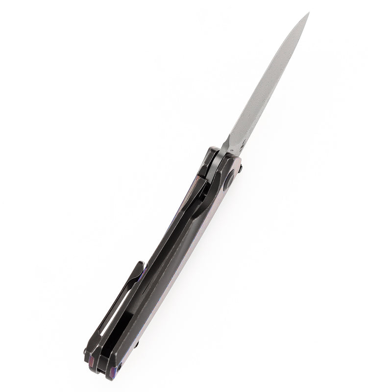 KANSEPT Thumb Stub Raven Blackwash Titanium wtih Timascus Handle (3.13" Damascus Blade) with Black Bird Blades Design-K2109A4