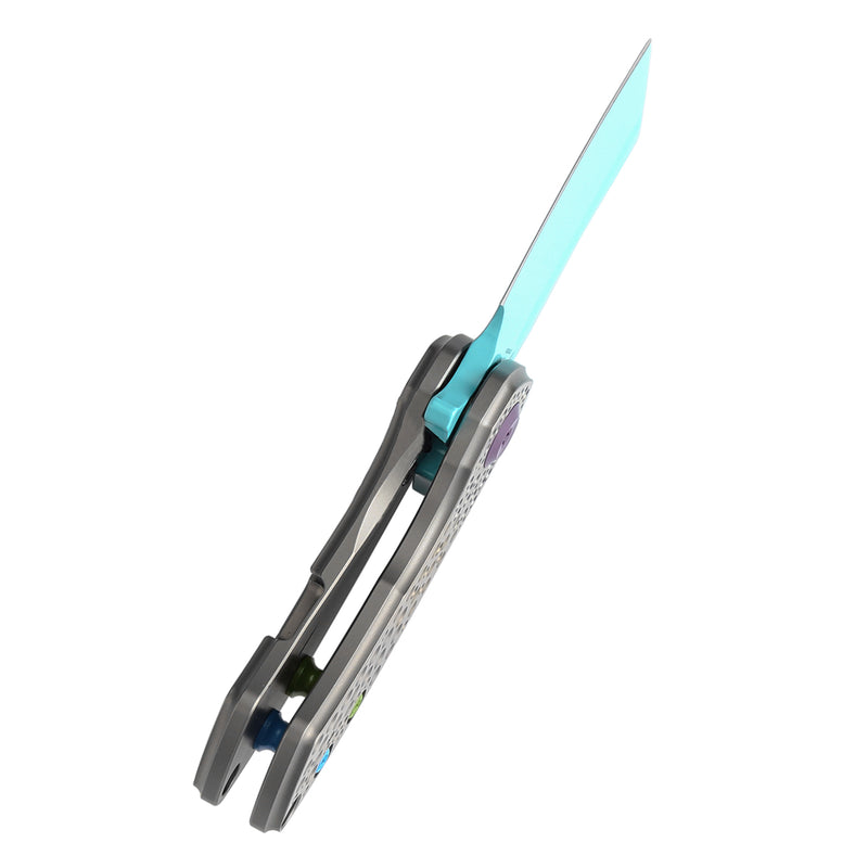 KANSEPT Mini Korvid Flipper knife Gradient Titanium Handle With Dimples Handle (1.45'' Light Blue Coating CPM S35VN Blade ) Koch Tools Design-K3030A10