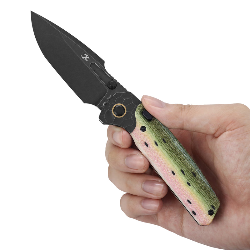 2026 BLADE SHOW WEST Exclusive | Mezha | Top Button Liner Lock | Rainbow Trout G-Carta & Blackwash Titanium with Rock Pattern |3.35" CPM  S35VN | Fabian Hobbelen | K1147H7