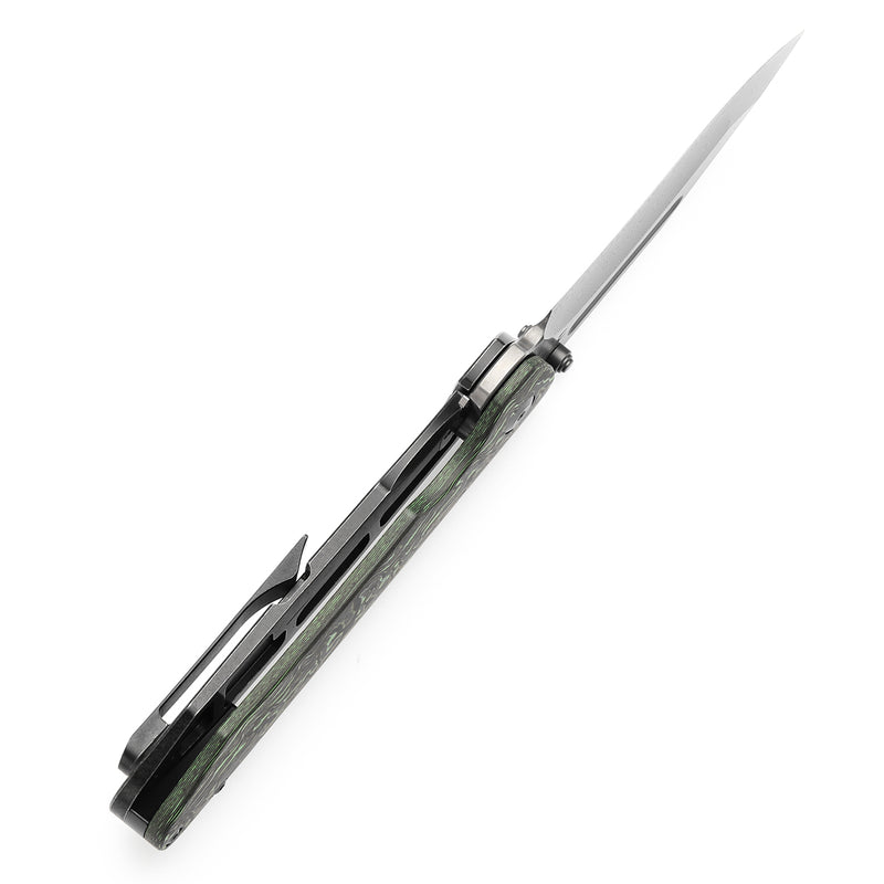 KANSEPT Superhawk Thumb Stub Knife Blackwash Titanium & Green Carbon Fiber Handle(3.89''Damascus Blade) Warhawk Knives Design-K1084B3
