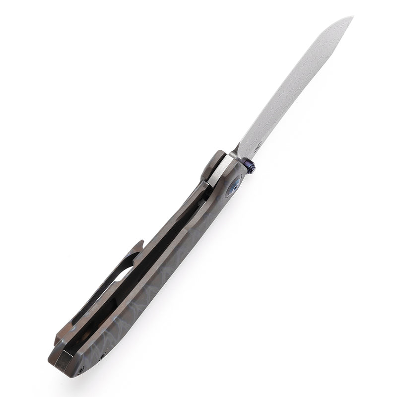 KANSEPT Tipper Thumb Stub Knife Titanium with Tiger Stripe Finish Handle(3.38'' Damascus Blade)Edgy Bladeworks Design-K1079A4