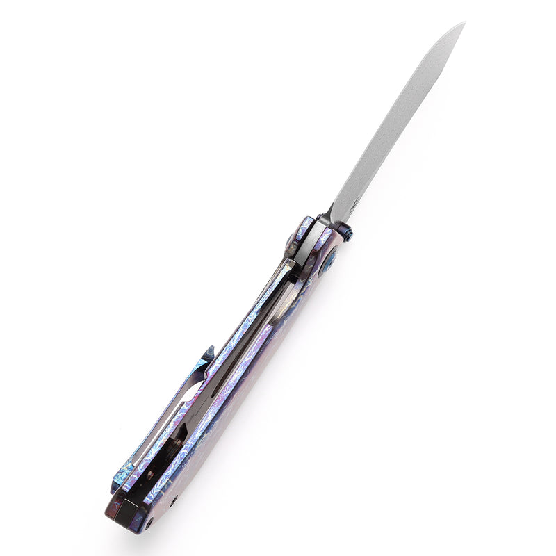 KANSEPT Tipper Thumb Stub Knife Titanium with Lightning Strike Finish Handle(3.38'' Damascus Blade)Edgy Bladeworks Design-K1079A3