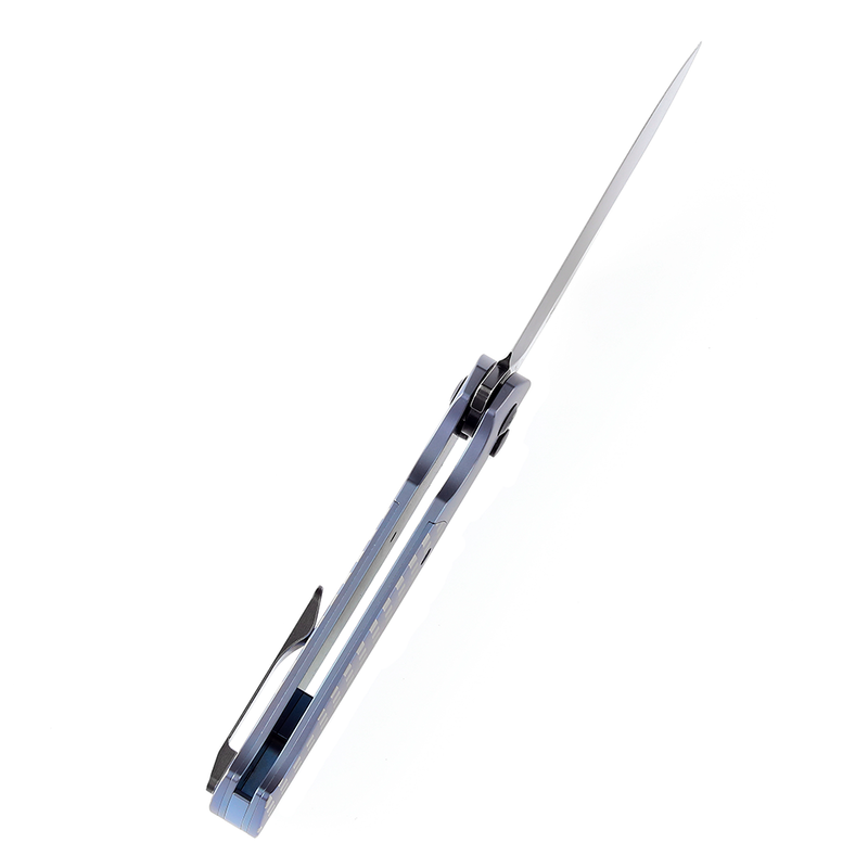 Shikari SBL  Button Lock K2027B2 Black Stonewashed CPM S35VN Blade Blue Anodized Titanium with White Square Pattern Handle with Morgan Koens Dessign