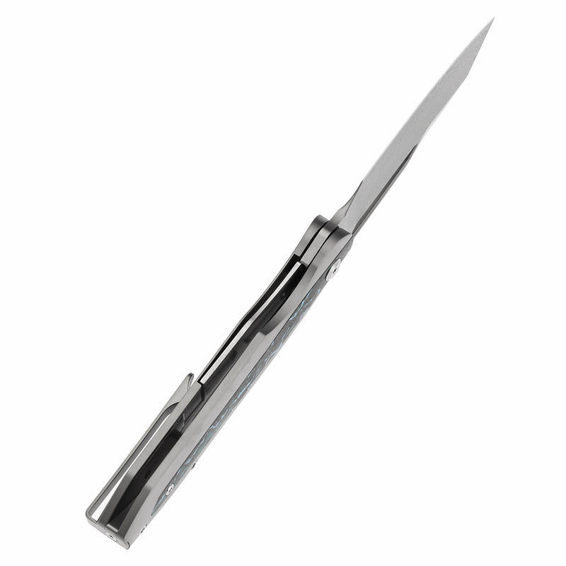 KANSEPT Thunderhead Thumb Hole Stonewashed Titanium with Artic Storm Carbon Fiber Handle (3.58" Damascus Blade) with K.C. Spiron Design-K1106A5