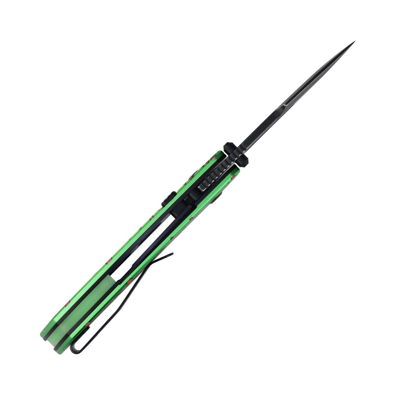 Link | Top Liner Lock | Green Aluminum with Zombie Blood Print | 2.98" 14C28N | Triple Stripe Knives | T1068H3