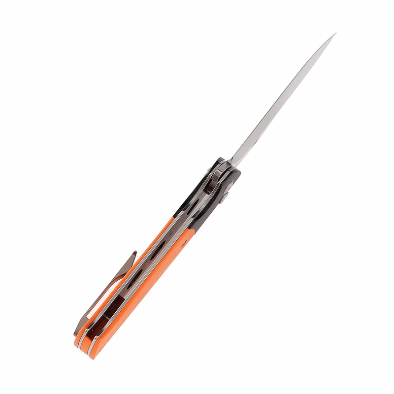 Shikari SBL  Button Lock T2027B2 Stonewashed 154CM Blade Black Aluminum + Orange G10 Handle with Morgan Koens Dessign