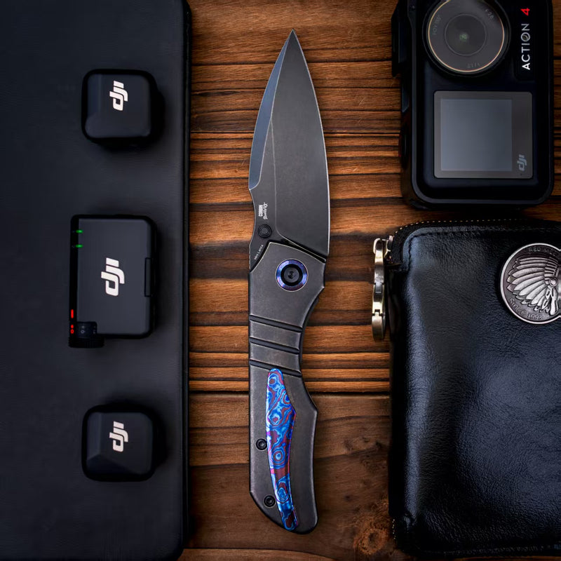 Kansept Mini Lanza | Thumb Stud | Blackwash Titanium &Timascus Pocket Clip | 3.31" CPM 20CV Blade | Brandon Corbin Designed | K1116A2