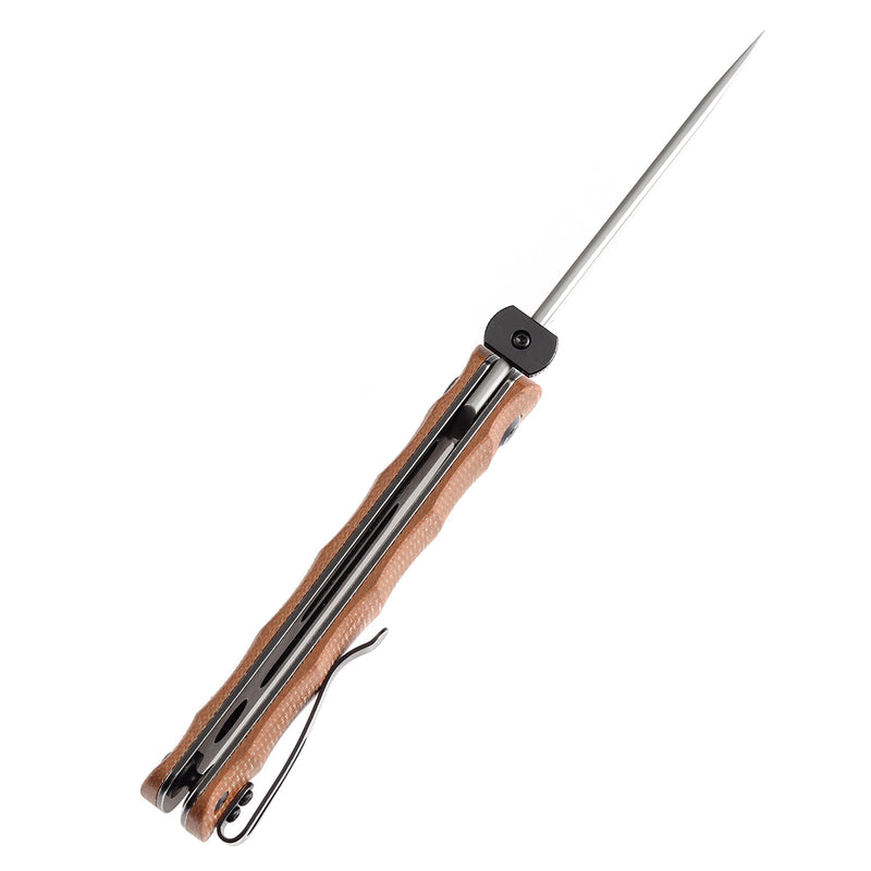 KANSEPT BTF Thumb Disc Knife Brown Micarta Handle (3.24'' Damascus Blade)Rolf Helbig-K1064A4