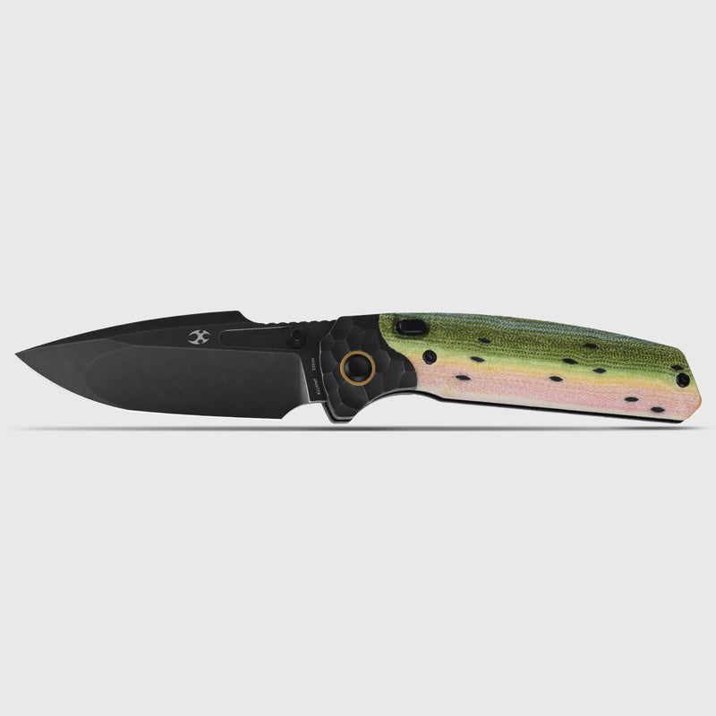 2026 BLADE SHOW WEST Exclusive | Mezha | Top Button Liner Lock | Rainbow Trout G-Carta & Blackwash Titanium with Rock Pattern |3.35" CPM  S35VN | Fabian Hobbelen | K1147H7