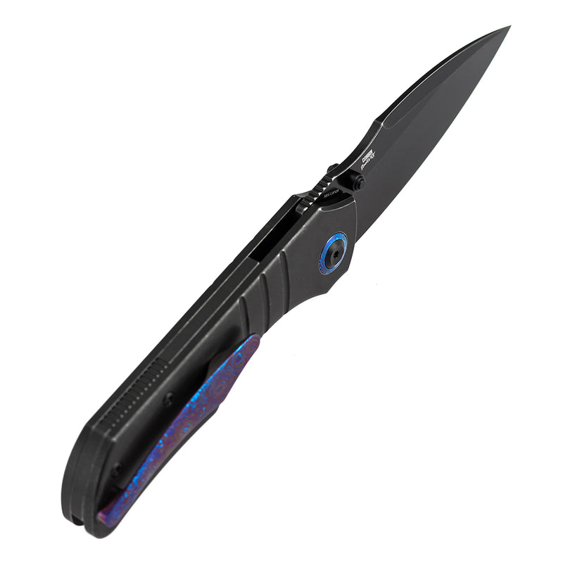 Kansept Mini Lanza | Thumb Stud | Blackwash Titanium &Timascus Pocket Clip | 3.31" CPM 20CV Blade | Brandon Corbin Designed | K1116A2