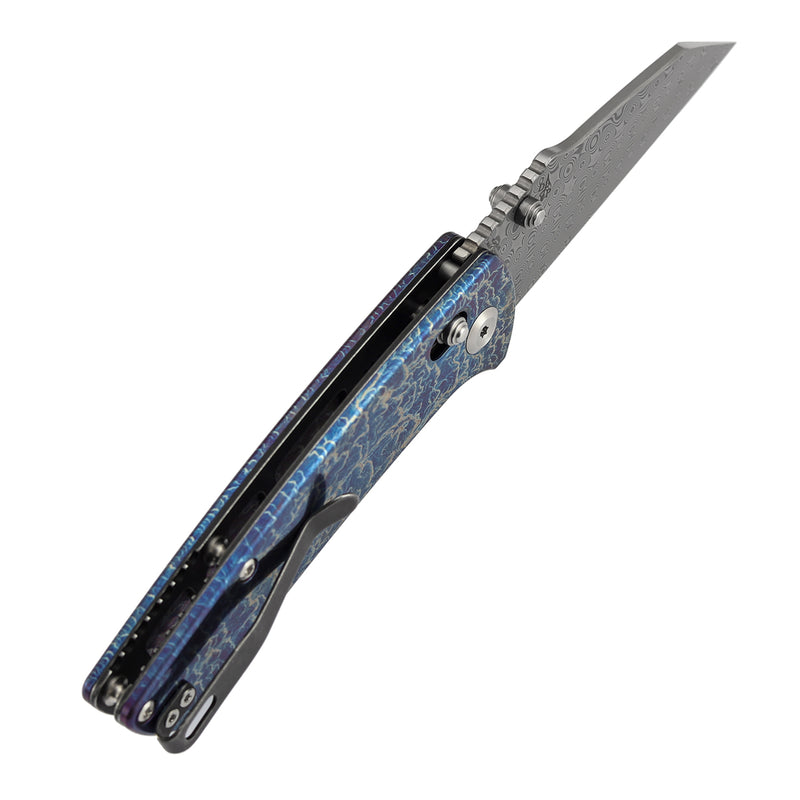 Kansept Main Street | Crossbar Lock | Titanium  with Lightning Strike Finish | 3.36" Damascus Blade | Pinkerton Knives | K1015V6
