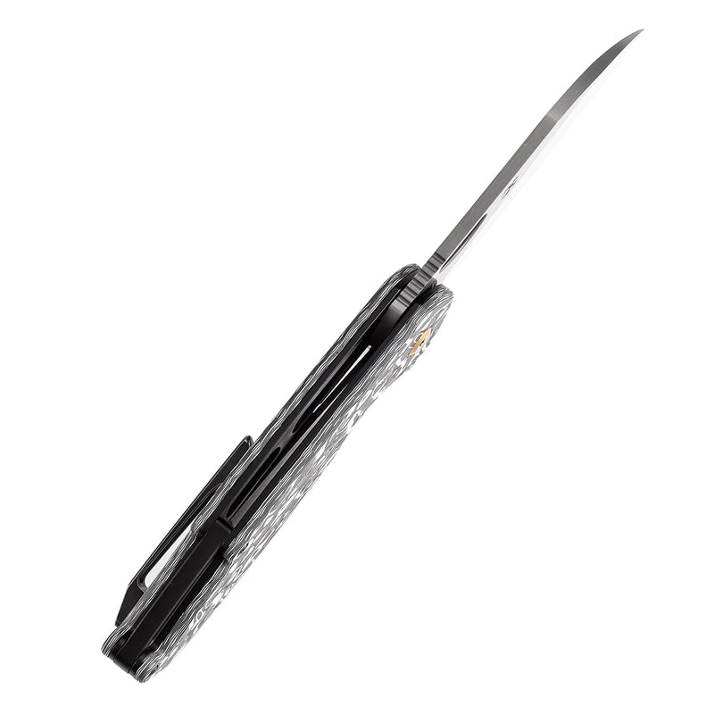 KANSEPT Model 6 Left-handed Flipper/Thumb Hole Knife Black White Carbon Fiber Handle (3.1'' Damascus Blade) -K1022L1