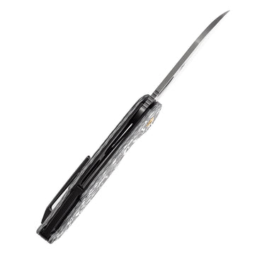 KANSEPT Model 6 Left-handed Flipper/Thumb Hole Knife Black White Carbon Fiber Handle (3.1'' Damascus Blade) -K1022L1