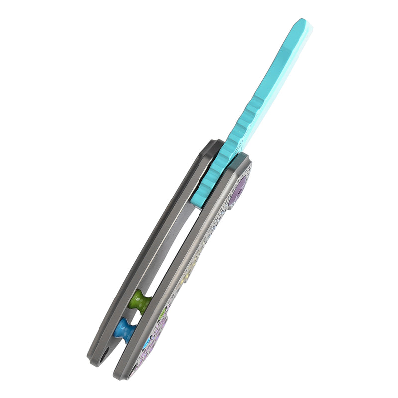 KANSEPT Mini Korvid Flipper knife Gradient Titanium Handle With Dimples Handle (1.45'' Light Blue Coating CPM S35VN Blade ) Koch Tools Design-K3030A10