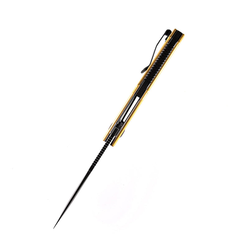 KANSEPT Hellx Thumb Hole Knife Brass Anodized Stainless Steel Handle (3.60"D2 Blade) Mikkel Willumsen Design-T1008B2