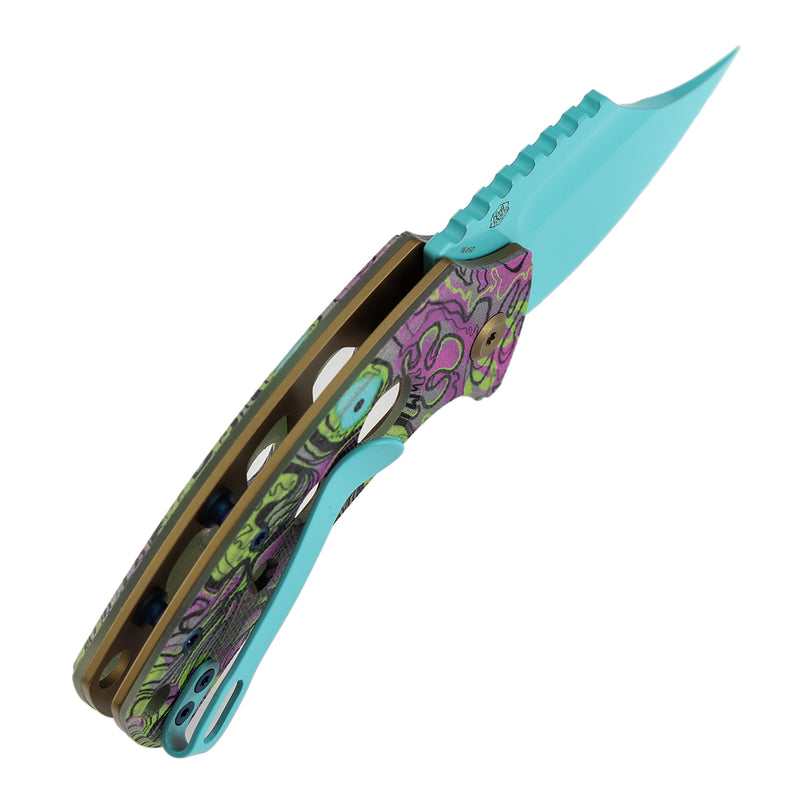 Kansept Wasp | Button Lock | Jade G10 with Purple Undead Print with Holes | 2.36" Light Blue Coating 154CM Blade | Koch Tools Design | T2144F5