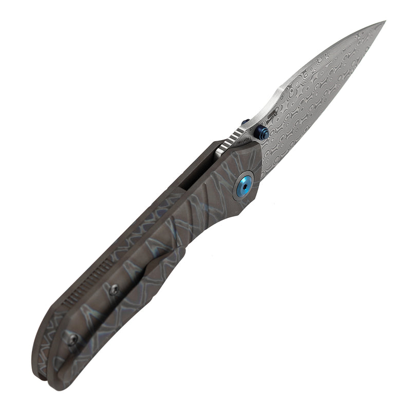 Kansept Mini Lanza | Thumb Stud | Titanium with Tiger Strip Finish | 3.31" Damascus Blade | Brandon Corbin Designed | K1116A4