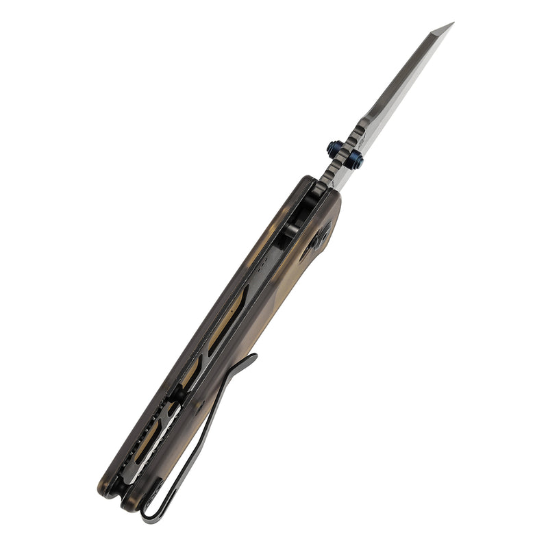 KANSEPT Main Street Thumb Studs/Crossbar Lock Knife Amber PEI/Ultem Handle (3.36''Damascus Blade) Dirk Pinkerton Design-T1015V12