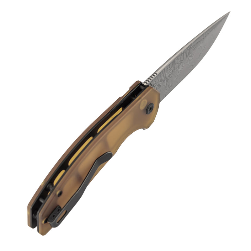 Kansept Accipiter | Button Lock | Amber PEI/Ultem | 3.53"Damascus with Water Ripple Pattern Blade | T1007F1