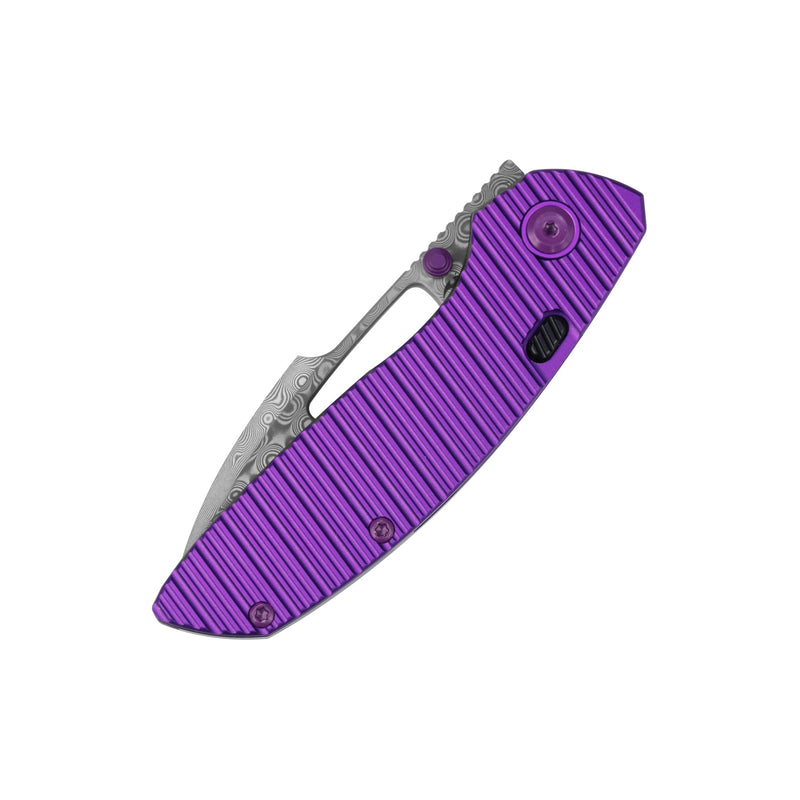 Link | Top Liner Lock | Purple Aluminum with Milled Grooves | 2.98" Damascus | Triple Stripe Knives | T1068H2