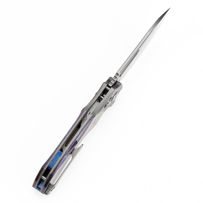 KANSEPT Quasar Cross Bar Lock Stonewashed Titanium and Timascus Handle (3.38" CPM 20CV Blade) with Munko Knives Design-K1099V4