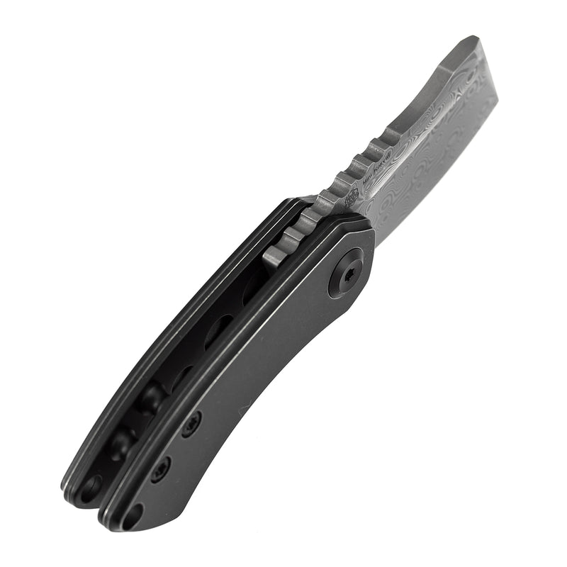 KANSEPT Mini Korvid Flipper knife Blackwash Titanium Handle (1.45'' Damascus Blade ) Koch Tools Design-K3030H1