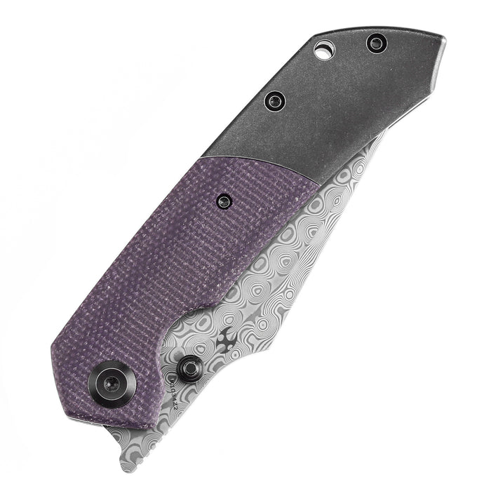 KANSEPT Fenrir Flipper Knife Blackwash Titanium and Purple Micarta Handle (3.48''Damascus Blade) Greg Schob Design -K1034Z2