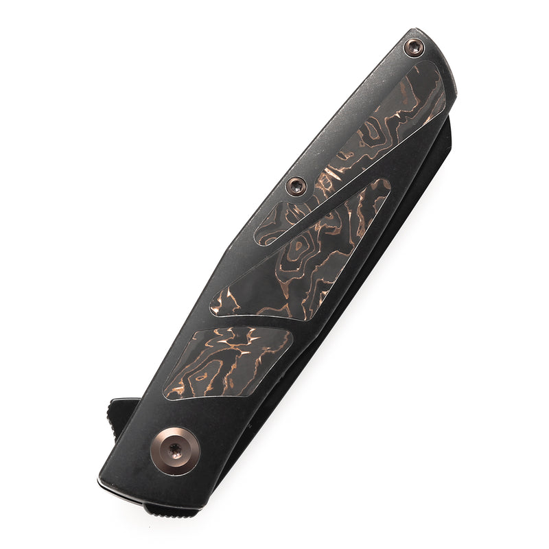 KANSEPT Cru Flipper Knife Blackwash Titanium & Copper Carbon Fiber Handle(3.46''CPM S35VN Blade) Villella Knives Design-K1092A1
