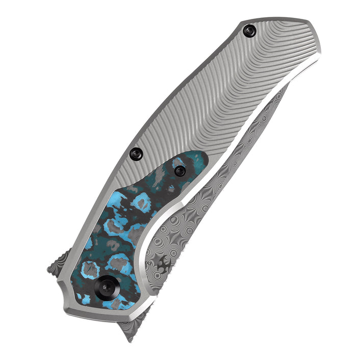 KANSEPT HAVØRN Flipper Titanium with Arctic Storm Fat Carbon Handle (3.48''Damascus Blade )Djinn Design -K1069A3