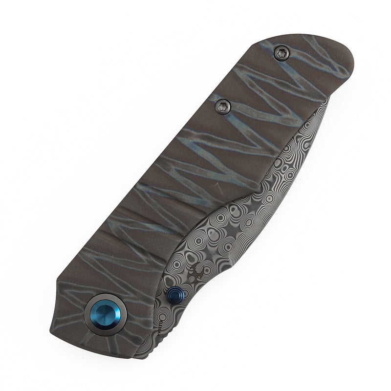 Kansept Mini Lanza | Thumb Stud | Titanium with Tiger Strip Finish | 3.31" Damascus Blade | Brandon Corbin Designed | K1116A4