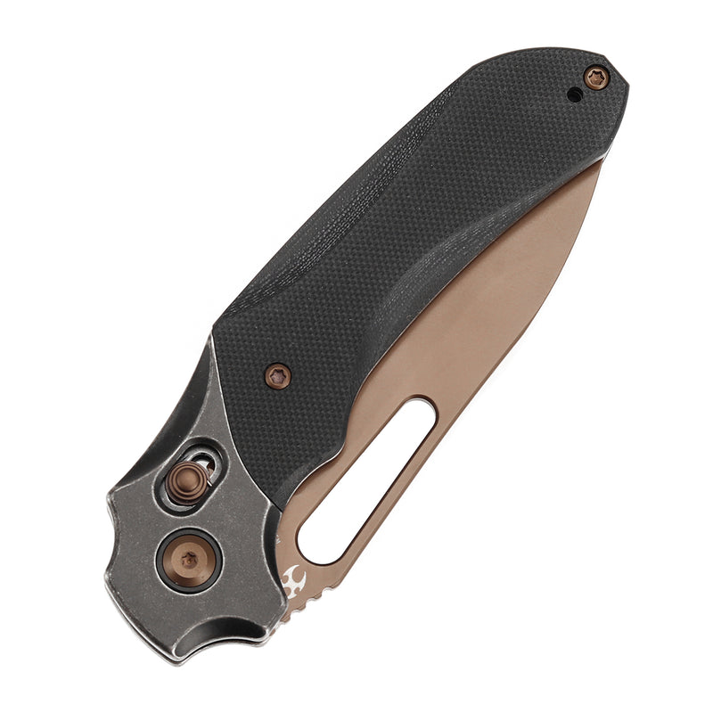 KANSEPT Quasar Cross Bar Lock Black G10 Handle (3.38" Dark Rose Gold Finished 154CM Blade) with Munko Knives Design-T1099V3