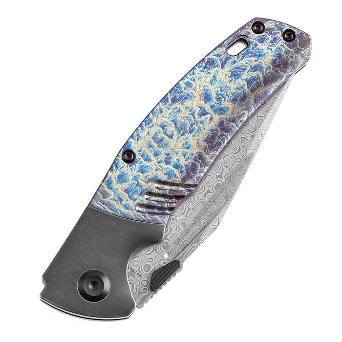 KANSEPT Hinterland Thumb Stub Blackwash Titanium and Lightning Strike Finished Titanium Inlay Handle (3.58" Damascus Blade) Morgan Koens Design-K1057A6