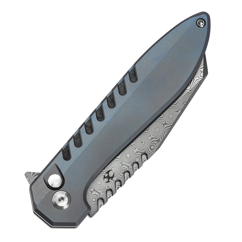KANSEPT Kosame Button Lock Blue Anodized Titanium with Shred Carbon FIber Inlay (3.37" Damascus Blade) with EI Spade Design-T1093F1