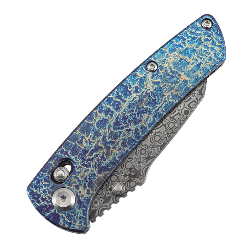 Kansept Main Street | Crossbar Lock | Titanium  with Lightning Strike Finish | 3.36" Damascus Blade | Pinkerton Knives | K1015V6