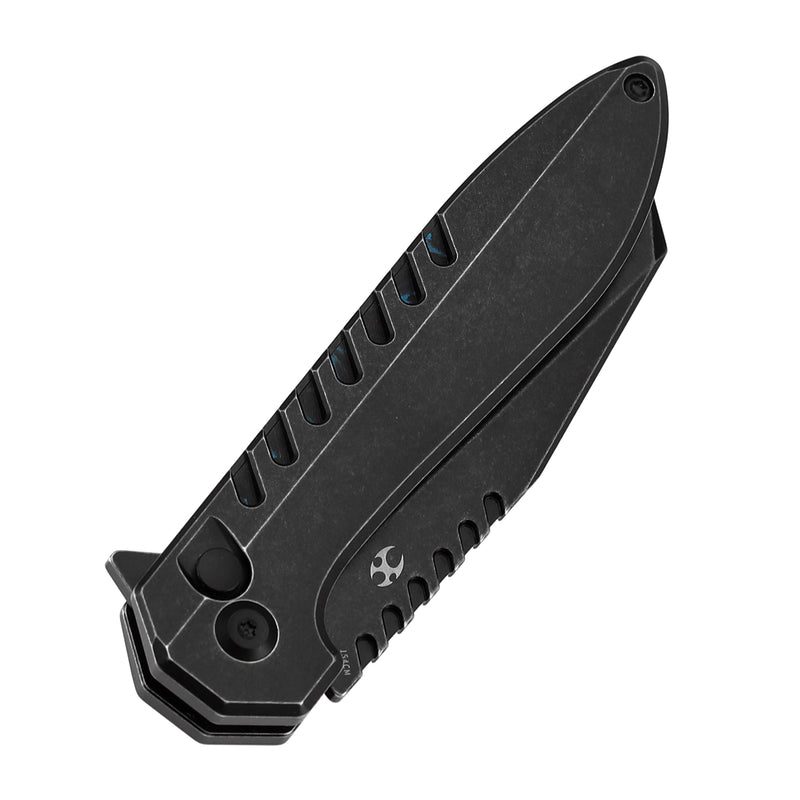 KANSEPT Kosame Button Lock Blackwash Titanium with Blue Carbon Fiber Inlay (3.37" 154CM Blade) with EI Spade Design-T1093F2