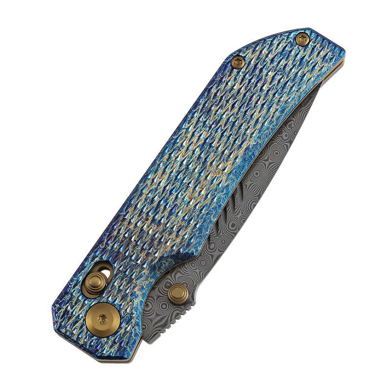 KANSEPT Eaglestrike Crossbar Lock Knife Lightning Strike Finish Titanium with Diamond Pattern Handle(3.73'' Damascus Blade) James Lowe Design-K1095V5