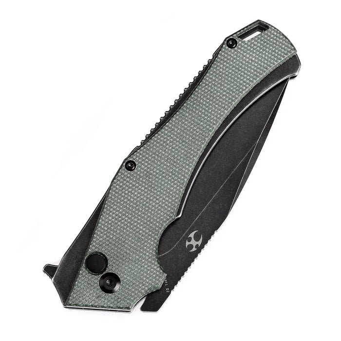 KANSEPT Hellx Button Lock Green Micarta Handle (3.6''D2 Blade )Mikkel Willumsen Design -T1008F1