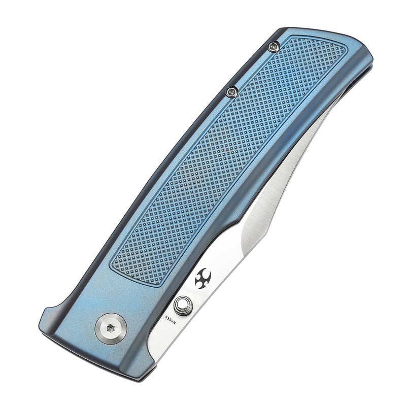 KANSEPT Bison Thumb Stub Blue Anodized Titanium with Frag Pattern Handle (4.25" CPM S35VN Blade) with Ray Laconico Knives Design-K1108A2